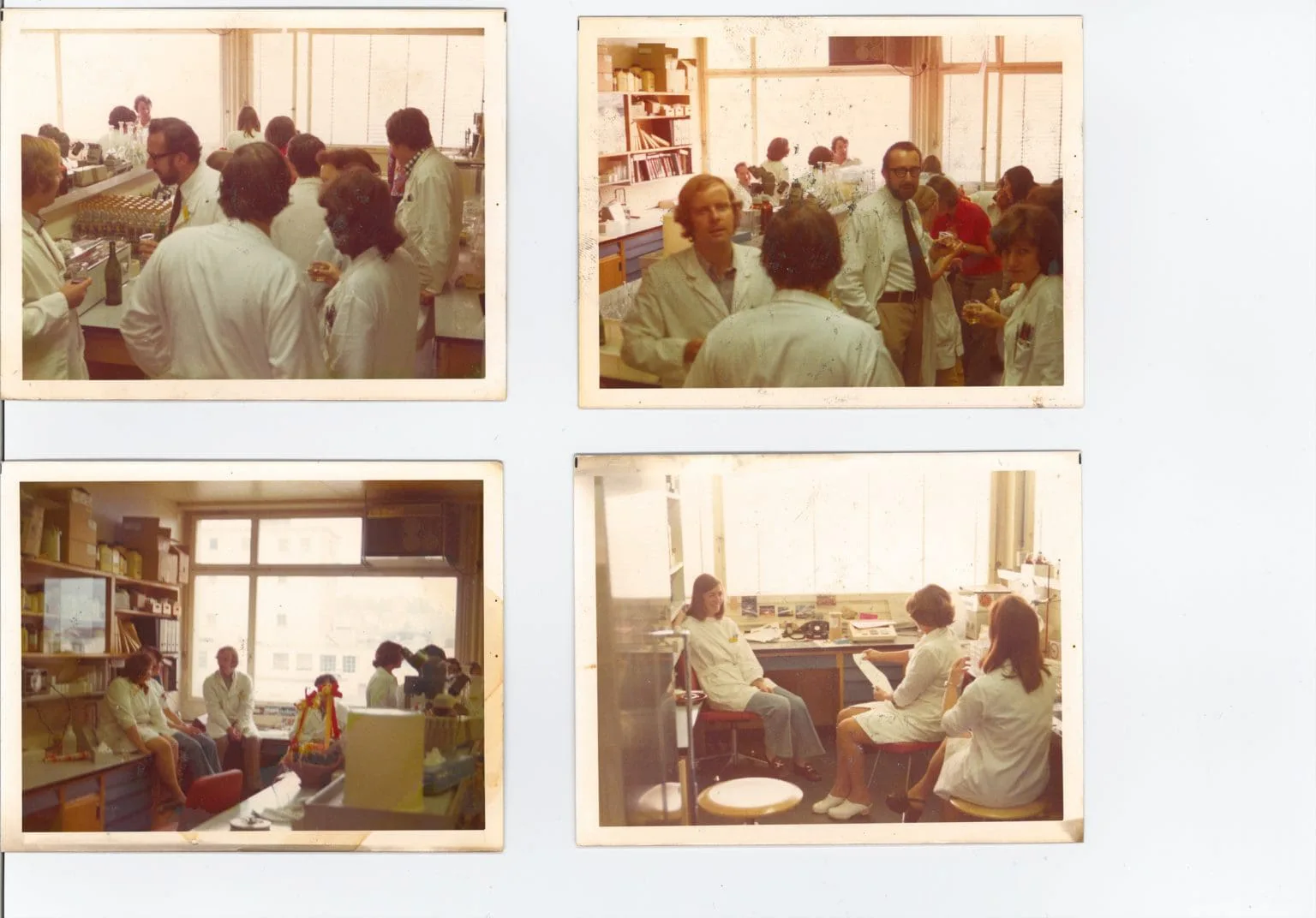 Mitte der 70er Jahre: vier alte Farbfotos von Bouqdib und Arbeitskollegen in weißen Kitteln in einem Labor, vermutlich der Wander AG