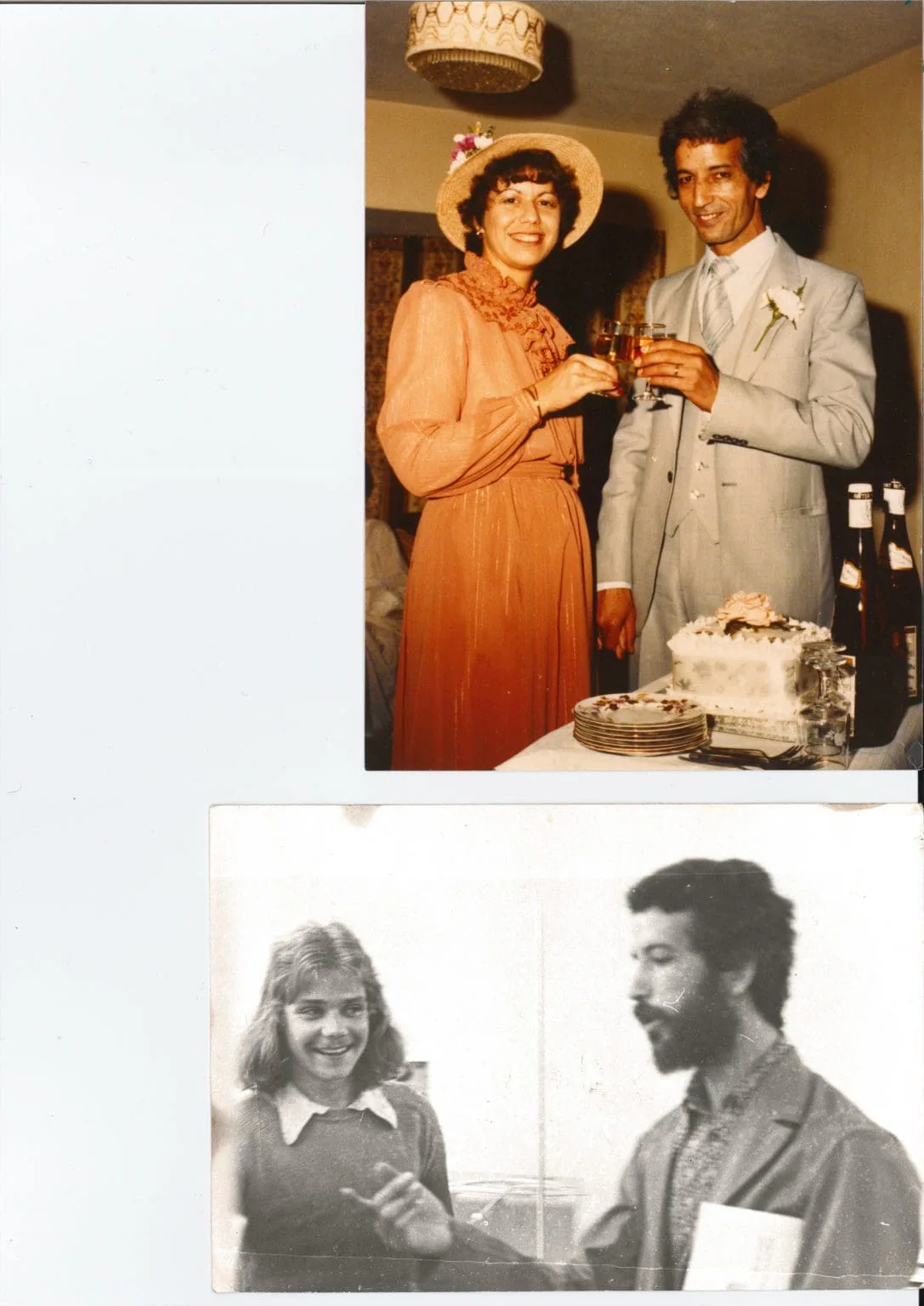 El Arbi Bouqdib Archive: zwei alte Fotos, ein Hochzeitsfoto von El Arbi Bouqdib und seiner Frau mit Sektgläsern und Torte sowie ein Schwarz-Weiß-Foto mit einer jungen Frau