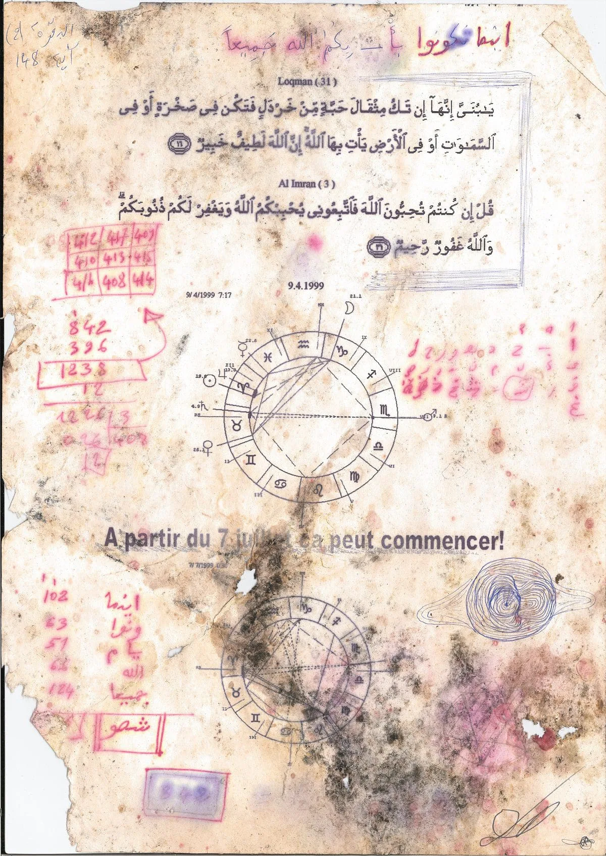 El Arbi Bouqdib Archive: vergilbtes Blatt mit arabischen Texten, roten Stempeln, einem Horoskopkreis und der Notiz „A partir du 7 ...  on peut commencer!“