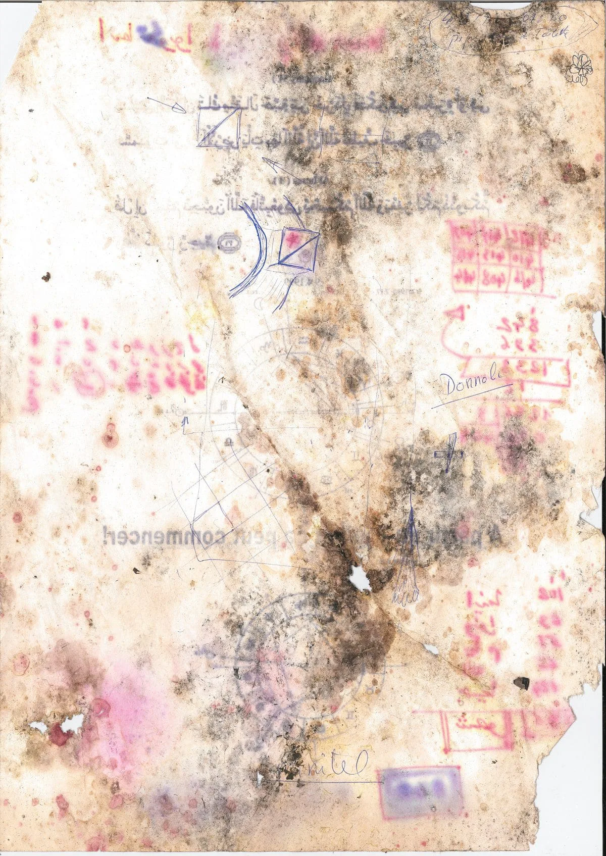 El Arbi Bouqdib Archive: vergilbtes, fleckiges Blatt mit arabischen Notizen und roten Stempeln