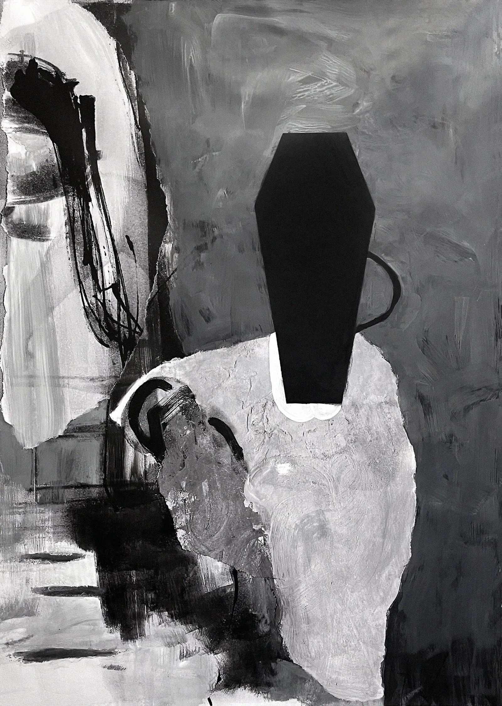 Sergey Bratkov, Mona Bucha aus der Serie Lost, 2022: Collage mit schwarzem Sarg auf grauer Figur