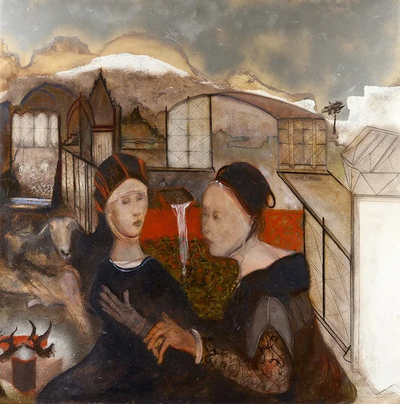 Hilarion Manero, The Fountain (unvollendet), Öl auf Leinwand, 2006–2007: zwei Frauen in Gewändern vor Fachwerkhäusern, zwischen ihnen ein Brunnen, unten ein Tier