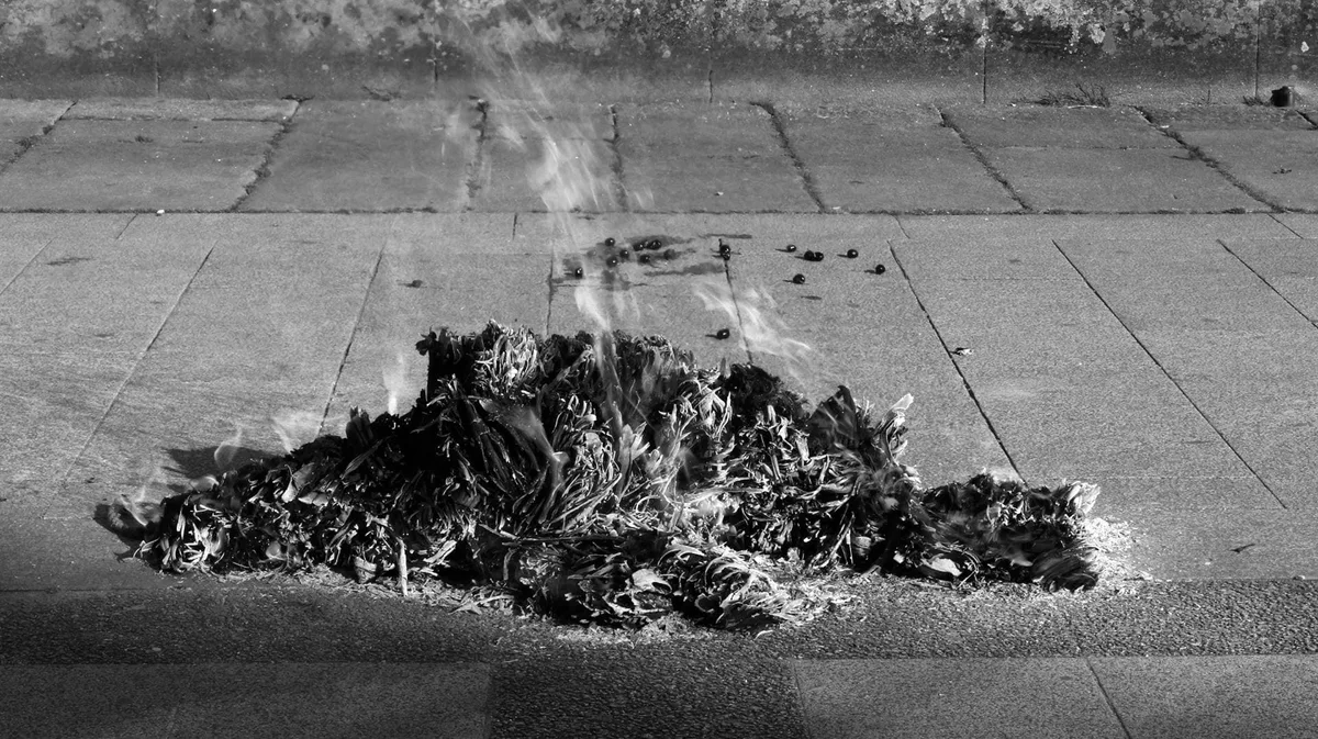 GABRIEL: ein brennender Haufen Zweige auf Pflastersteinen, Schwarz-Weiß