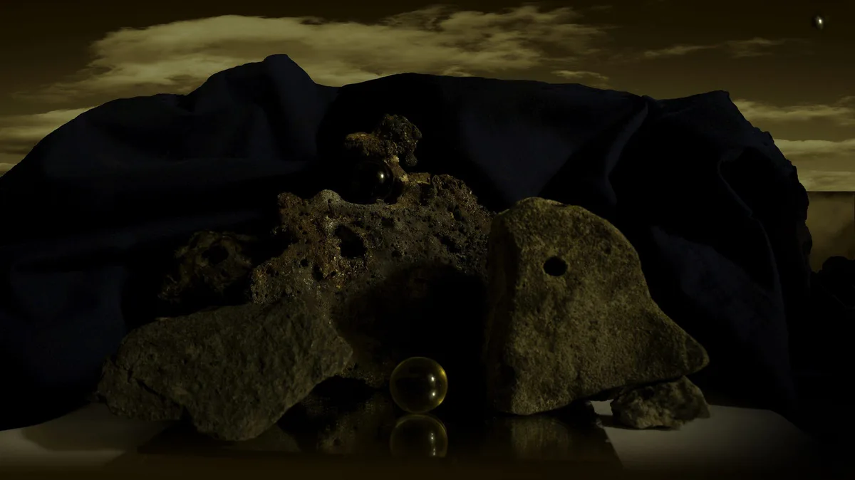 Hilarion Manero, Nox at the Doors of plutonium, 2014/15: dunkles Gemälde mit Steinen und Stoff unter einem Abendhimmel