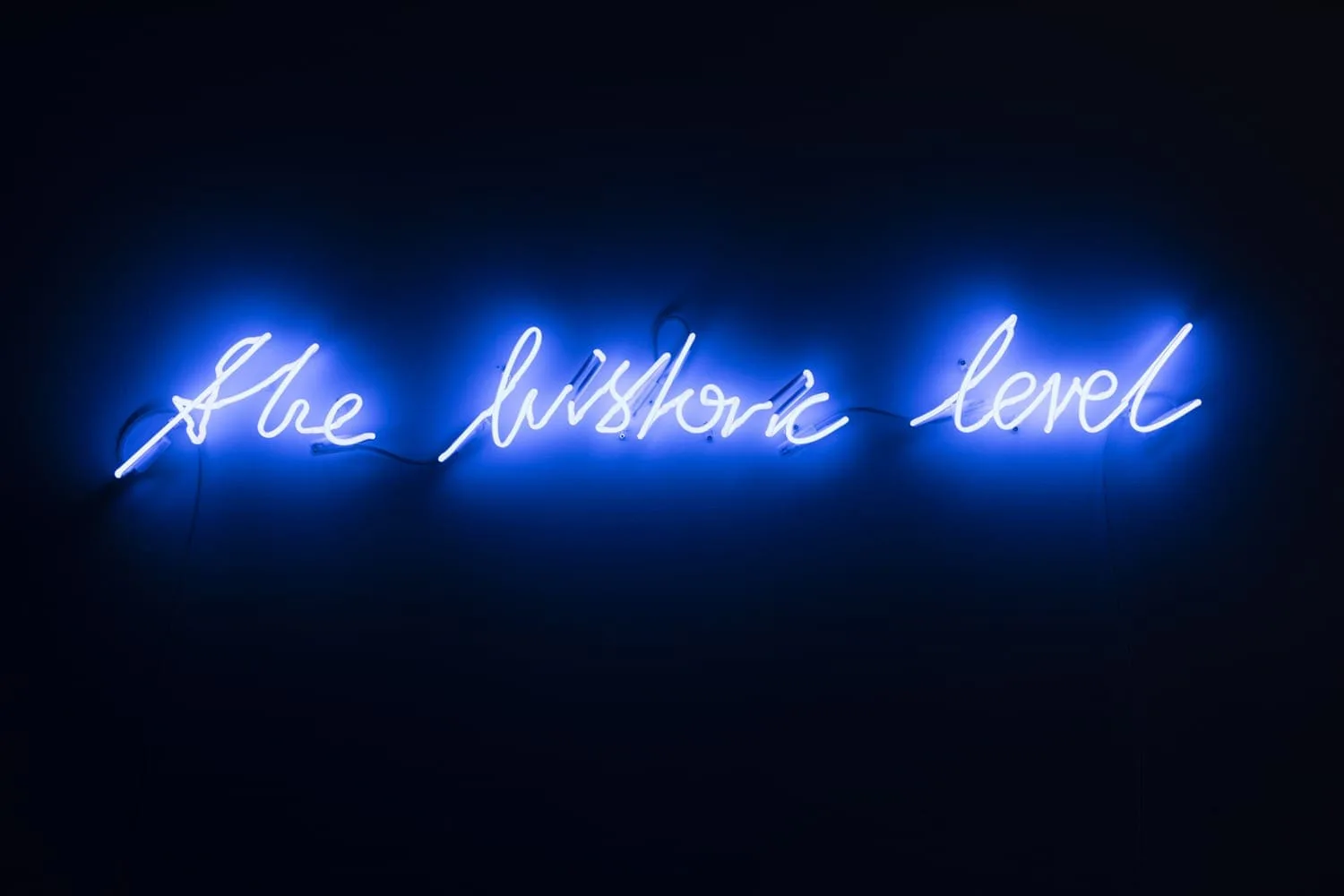 Michal Martychowiec, the historic level, 2017: blaue Neonschrift „the historic level“ in der Dunkelheit