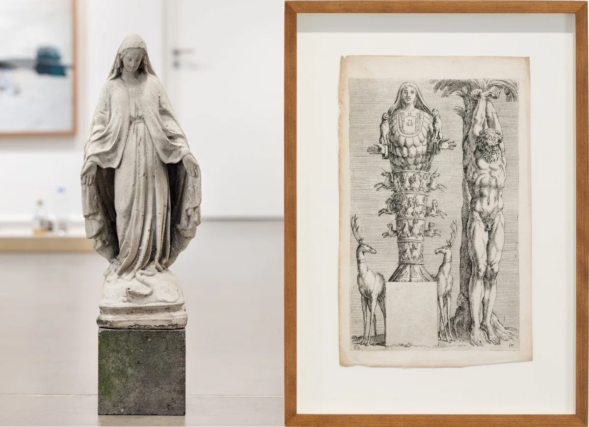 GABRIEL & Julian M. H. Schindele – Zwei Antlitze – Die Wegkapellen-Madonna und die ephesische Artemis: eine Madonnenfigur aus Stein und ein gerahmter Kupferstich der Artemis von Ephesos