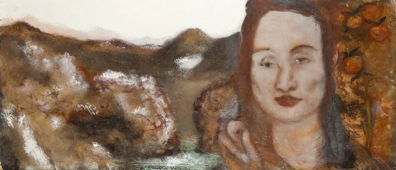Hilarion Manero, Ariadne at Naxos I – Landscape Ocean View, Dawn & Night, Öl auf Holz, 2002: Frauenkopf mit langem Haar neben einer felsigen Küstenlandschaft