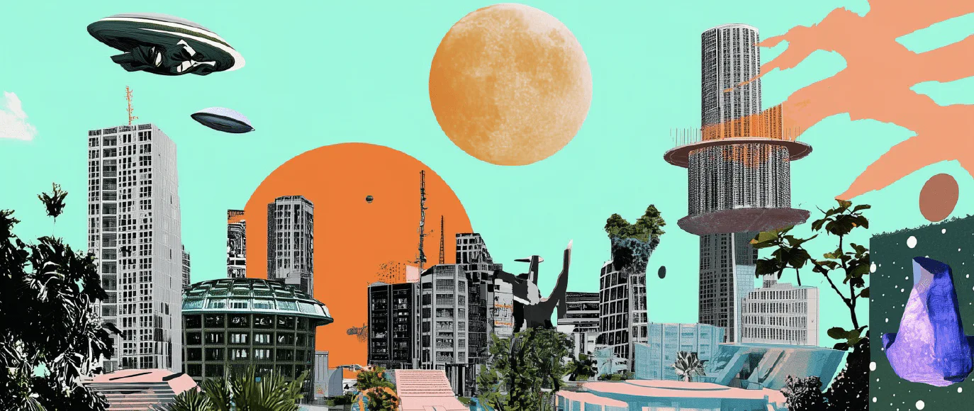 Stadt der Zukunft, KI-generiert von Arne Ahlert: bunte Collage mit Hochhäusern, Luftschiffen und einer großen Sonne
