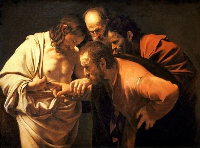 Caravaggio, Der ungläubige Thomas, 1601–1602: Gemälde, in dem Thomas seinen Finger in die Seitenwunde Christi legt