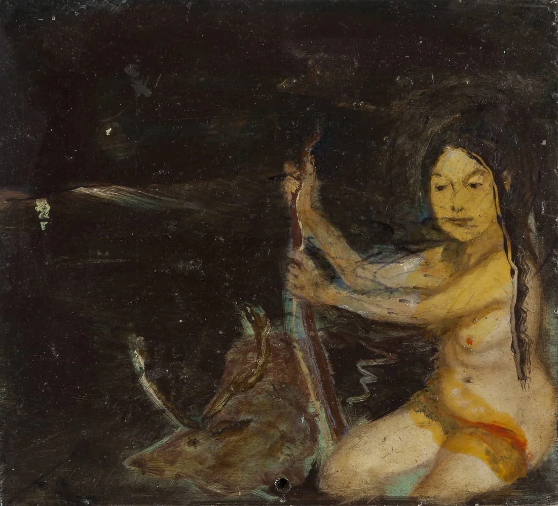 Hilarion Manero, Diana Hunting, 2000: nackte Jägerin mit Bogen und Hirsch vor dunklem Grund