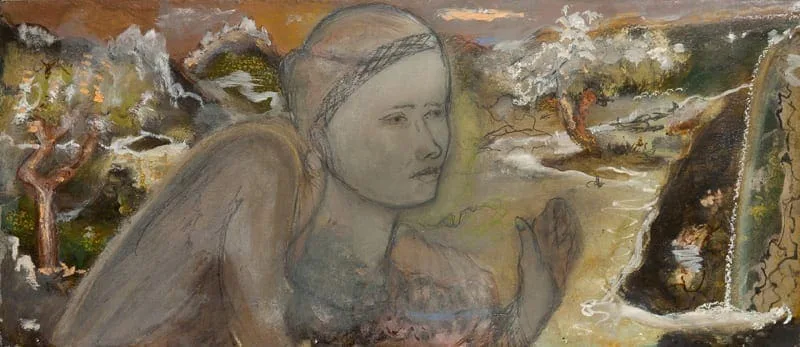 Hilarion Manero, Engel, Öl auf Hartpappe, 2010: Engel mit gefalteten Händen in einer hellen Landschaft mit Bäumen