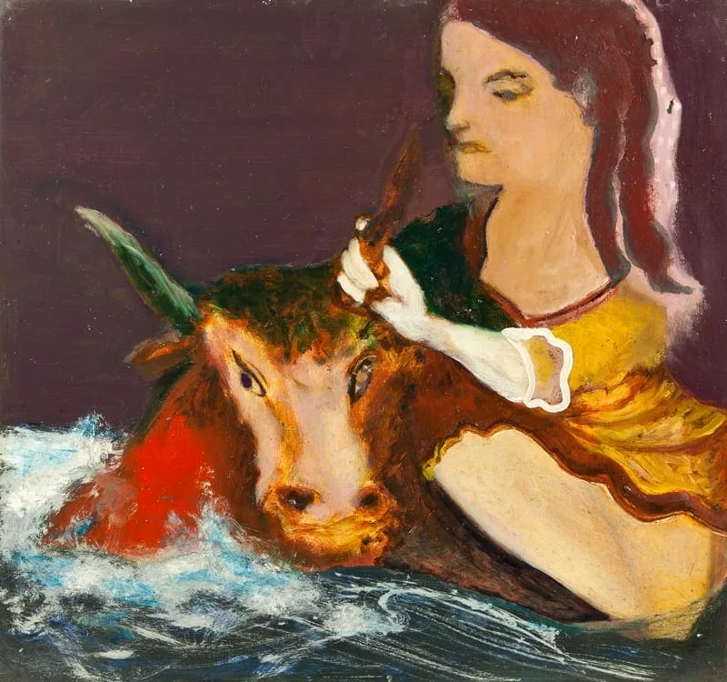 Hilarion Manero, Europa, 2001: Frau in gelbem Gewand reitet auf einem Stier durch Wasser