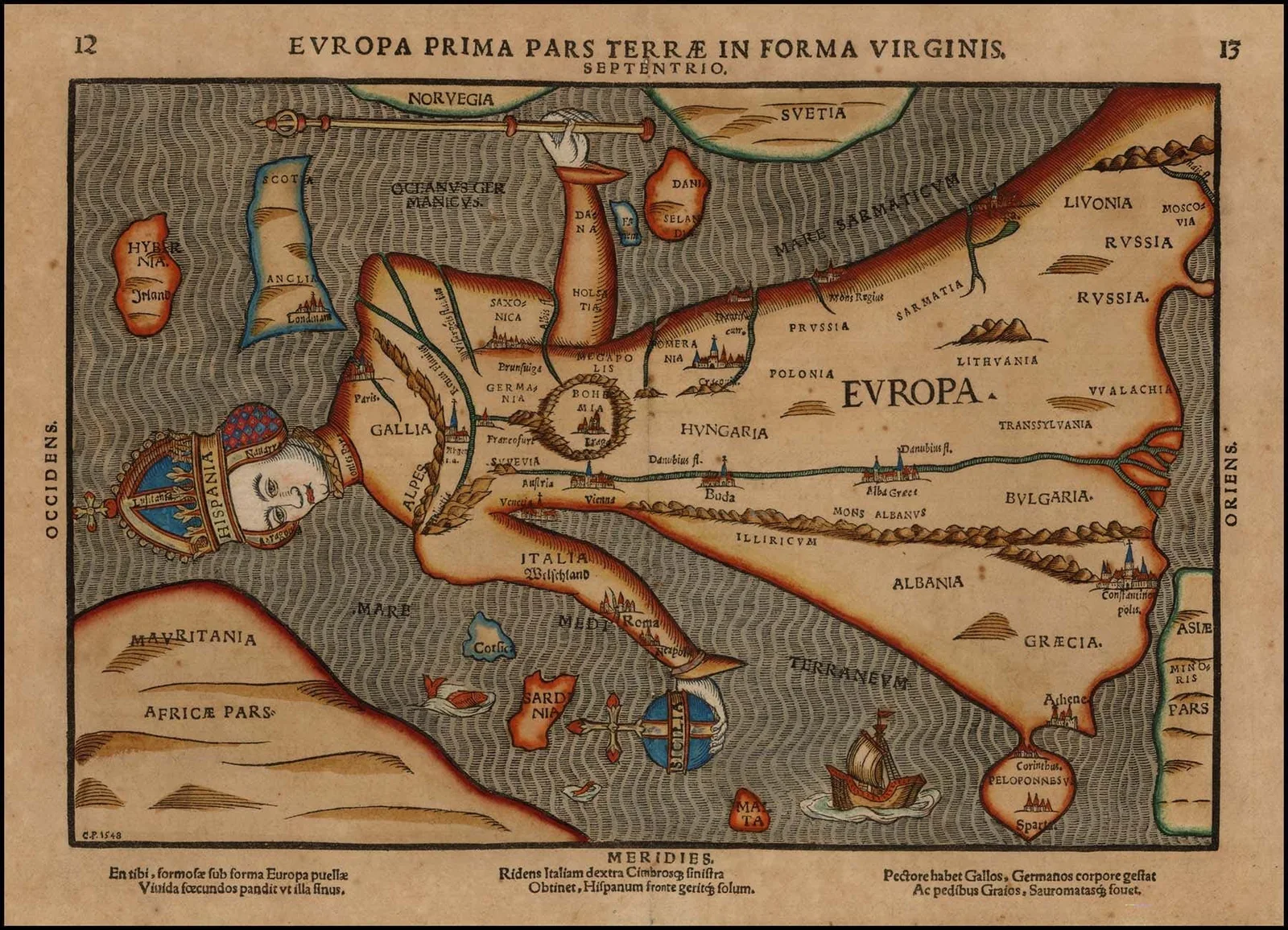 Europa Prima Pars Terræ in Forma Virginis: frühe Europakarte von Heinrich Bünting, 1582, die den Kontinent als gekrönte Frauenfigur zeigt