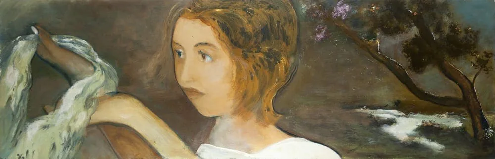 Hilarion Manero, Girl with flowing River, Öl auf Holz, 2002: Mädchen mit Vogel am Ufer eines Flusses