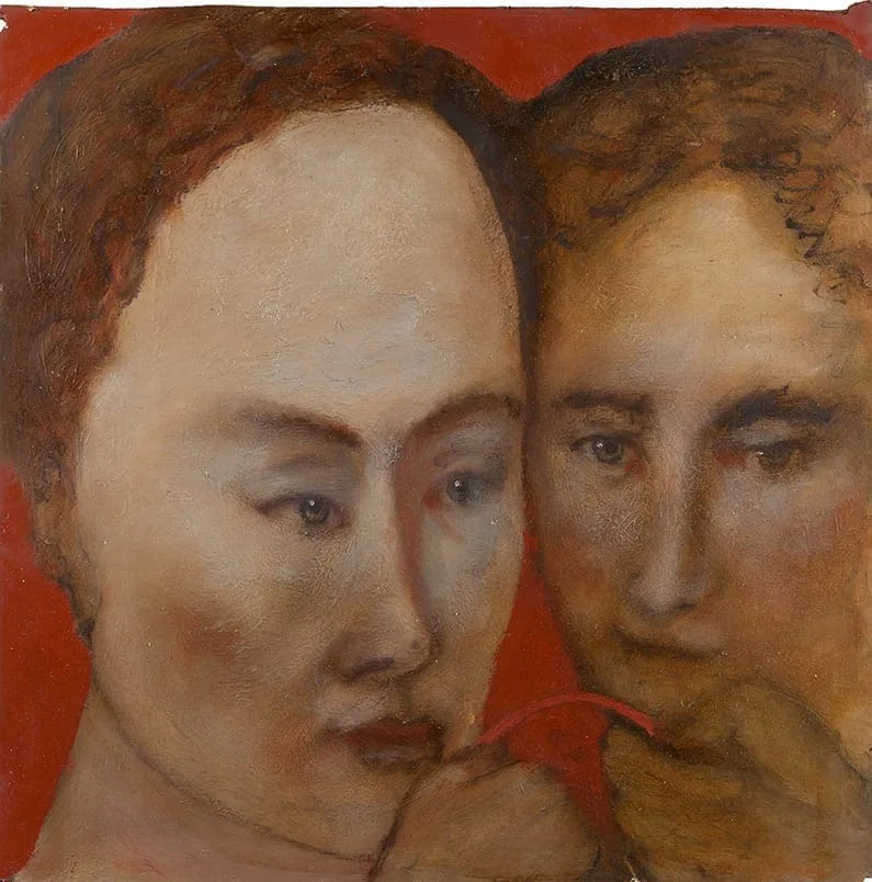 Hilarion Manero, Good-Luck-Bone, The Deal – Die Abmachung, 2006: Gemälde zweier eng beieinander stehender Gesichter auf rotem Grund