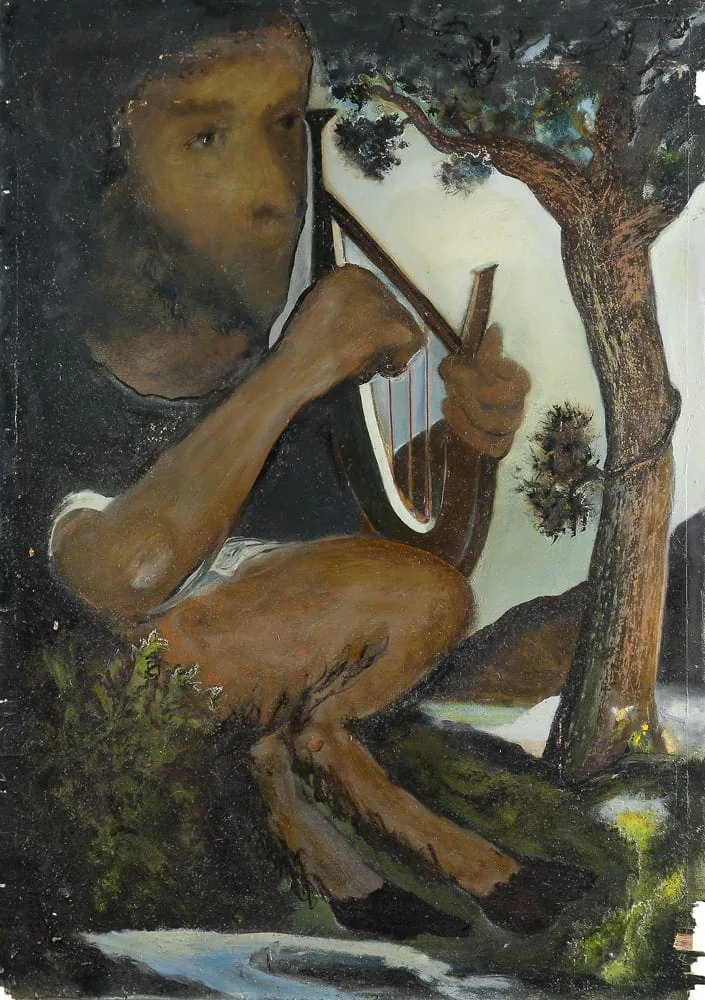 Hilarion Manero – Pan, 69 × 98 cm, 2002: Gemälde des Hirtengottes Pan mit Panflöte unter einem Baum