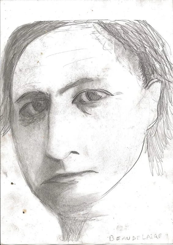 Hilarion Manero, Hommage à Baudelaire, 2001: Bleistift- und Kohlezeichnung eines Männergesichts