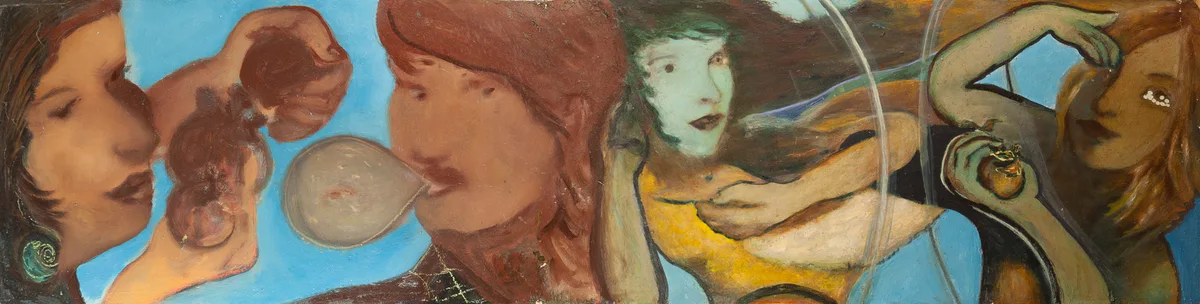 Hilarion Manero, Love is the Beauty of Defence, 2002: breites Gemälde mit mehreren Frauenköpfen auf blauem Grund