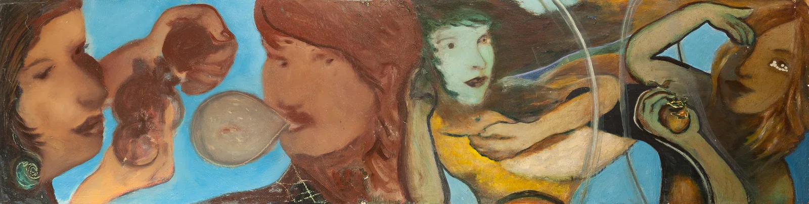 Hilarion Manero, Love is the Beauty of Defence, 2002: breites Gemälde mit mehreren Frauenköpfen auf blauem Grund