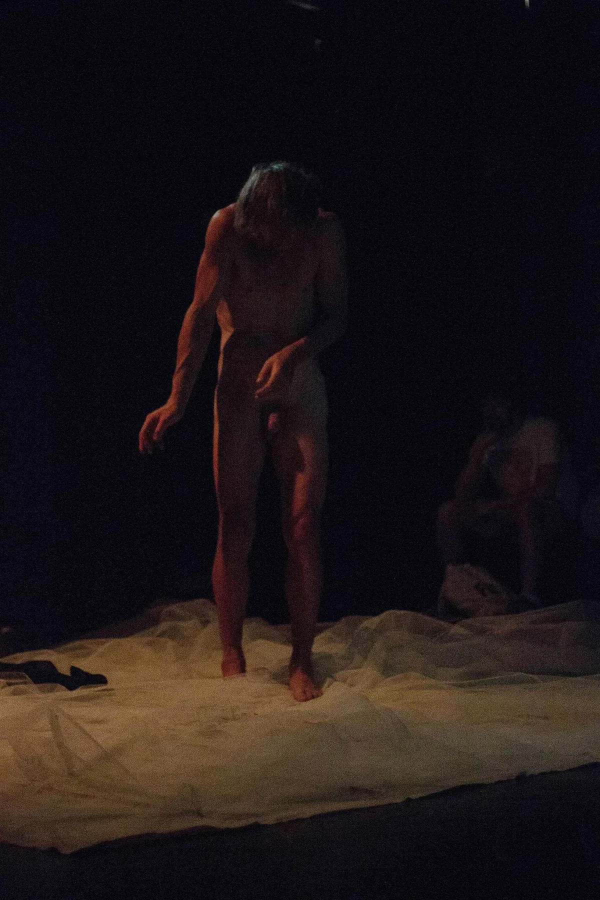 GABRIEL, Bühnenperformance: nackter Performer steht auf weißem Tuch, Zuschauer im Halbdunkel