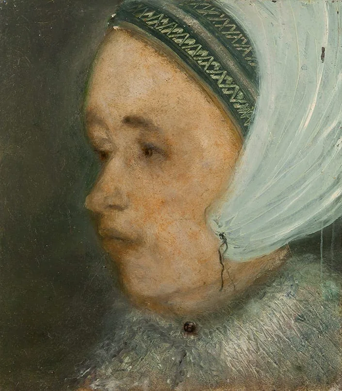 Hilarion Manero, Maria Magdalena Virgin von Zomorra – The Fool, Öl auf Leinwand, 2007: Profil einer Frau mit weißem Kopftuch und geschlossenen Augen