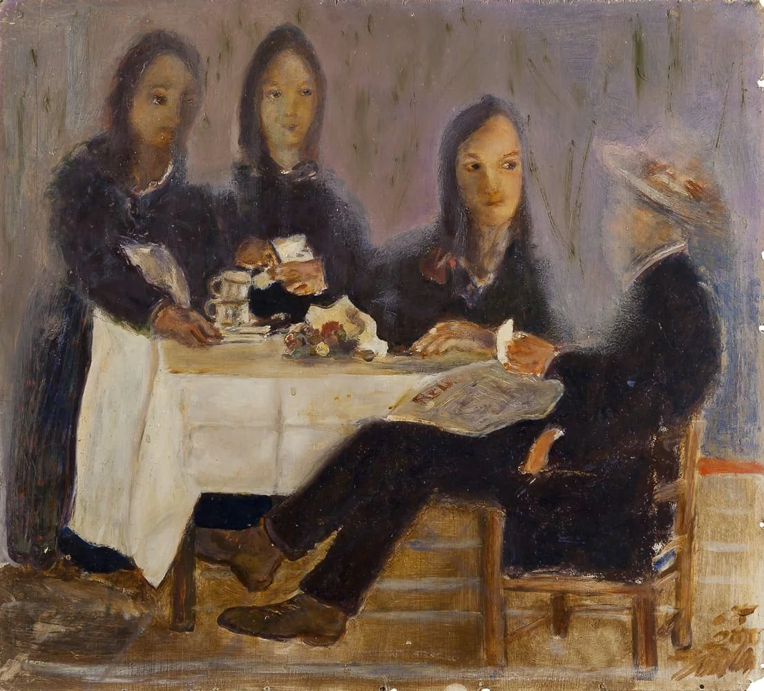 Hilarion Manero, My three Daughters, 2000: drei Frauen und ein Mann mit Hut an einem gedeckten Tisch