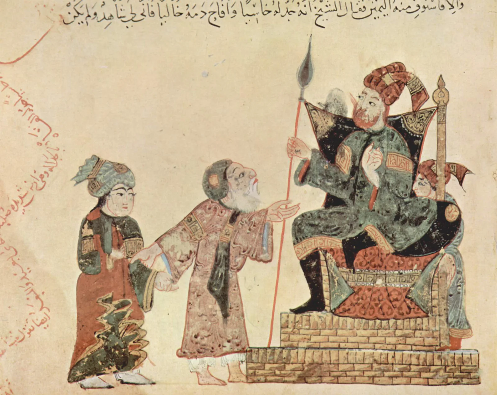 Persische Buchmalerei: ein Herrscher auf dem Thron empfängt zwei Männer, Illustration zu Niẓām al-Mulks Siyāsat-nāma