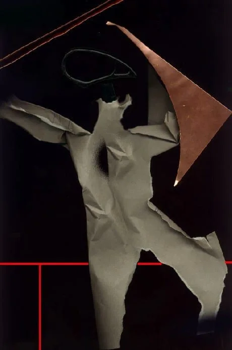 Hilarion Manero, Orion, 86 × 89 cm, 1998: Fotodruck mit einer tanzenden Figur aus Papier und Kupfer auf Schwarz