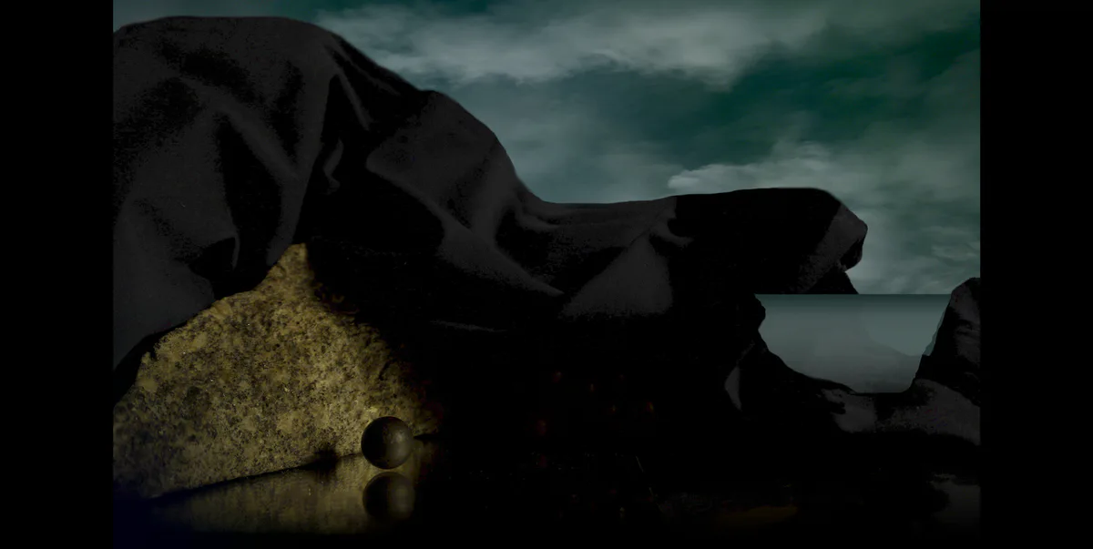 Hilarion Manero, The Book of Death (Pluto’s Traum), 2013: dunkel verhülltes Gebirge mit einer kleinen Kugel vor einem Meer
