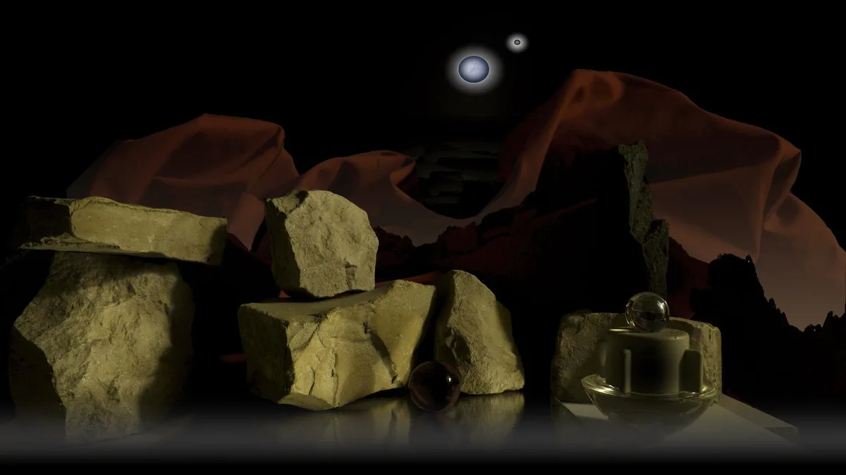 Hilarion Manero, The Book of Death (Pluto am Orakel der irren Träume), 2014: Steinbrocken, rotes Tuch und eine Glaskugel in dunkler Szene mit kleinen Lichtern
