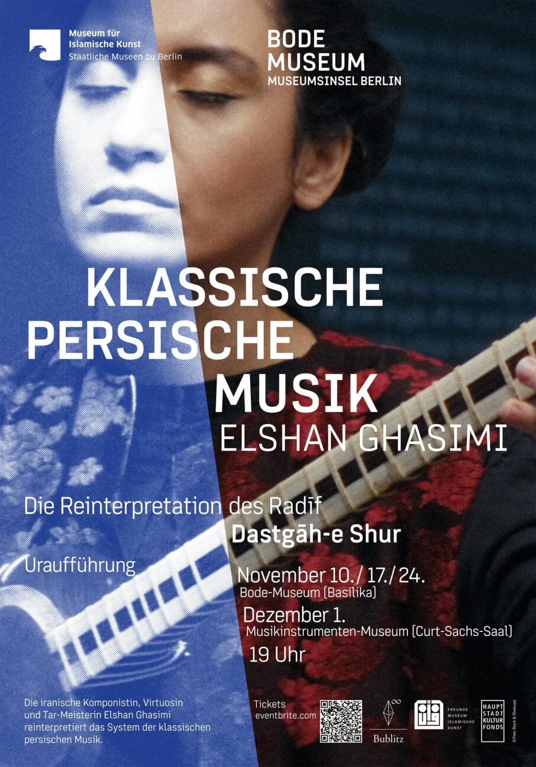Plakat „Klassische Persische Musik – Elshan Ghasimi – Die Reinterpretation des Radif“ für das Bode-Museum, November 2024