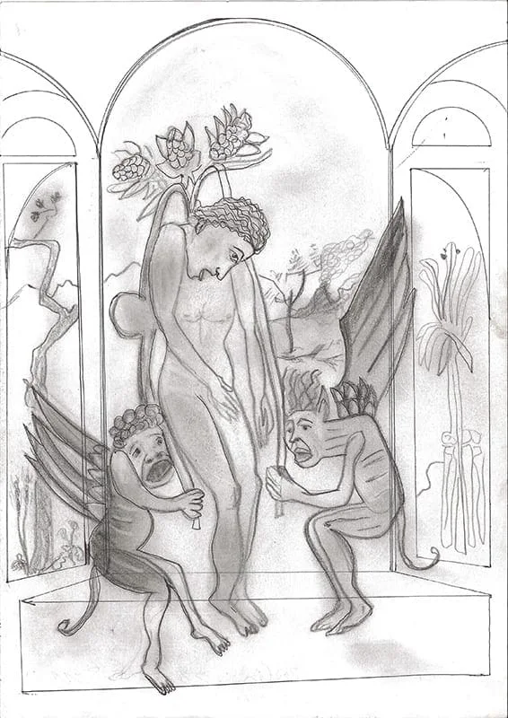 Hilarion Manero, Selfmorde des Judas, 2007: Bleistift- und Kugelschreiberzeichnung einer hängenden Figur zwischen Säulenbögen