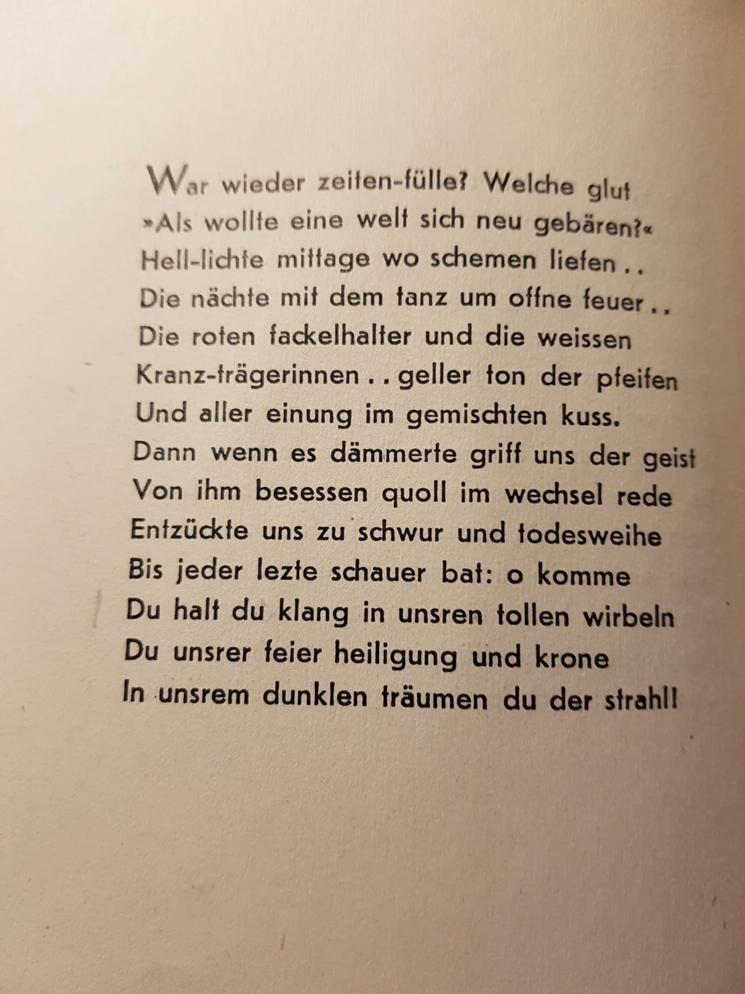 Stefan George, „War wieder zeiten-fülle …“, Buchseite aus „Der Stern des Bundes“, 1914