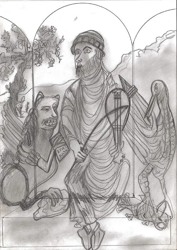 Hilarion Manero, Studie for King David, 2005: Bleistift- und Kugelschreiberzeichnung eines bärtigen Mannes mit Harfe und einem Löwen