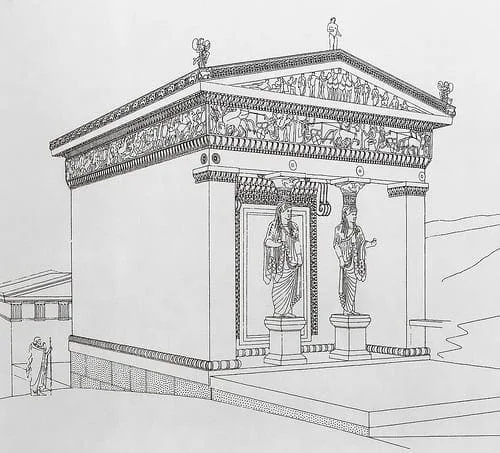 Thesaurós der Bewohner der Kykladeninsel Sifnos am Apollon-Orakel in Delphi: Zeichnung der Rekonstruktion mit Karyatiden