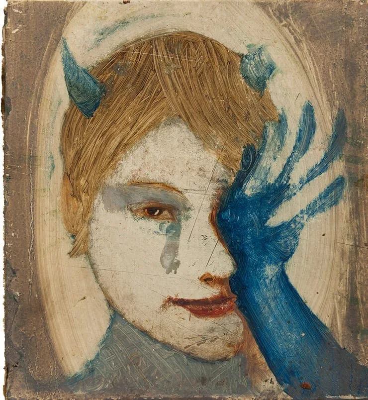 Hilarion Manero, The Cry, 1996–1997: Gesicht mit blauen Hörnern, eine blaue Hand verdeckt ein Auge