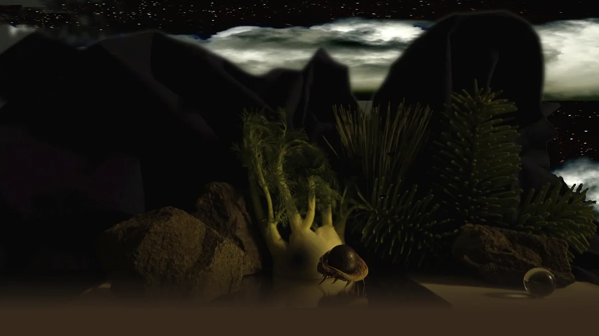 Hilarion Manero, The Book of Death (Uranus als Monster der Träume), 2014: dunkle Felsen und Zweige am Meer unter einem fahlen Himmel