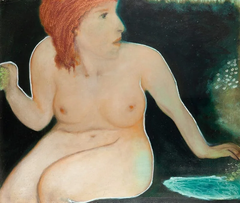 Hilarion Manero, Venus One – Thalassa, 2003: Gemälde einer sitzenden nackten Frau mit rotem Haar vor dunklem Grund