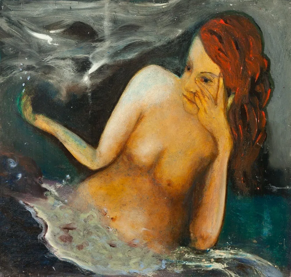 Hilarion Manero, Wassernymphe, 2004: nackte Nymphe mit rotem Haar steigt aus türkisfarbenem Wasser