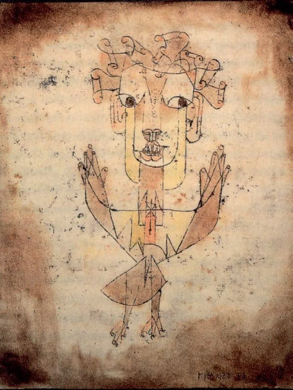 Paul Klee, Angelus Novus, 1920: Zeichnung eines Engels mit großem Kopf, lockigem Haar und erhobenen Flügeln