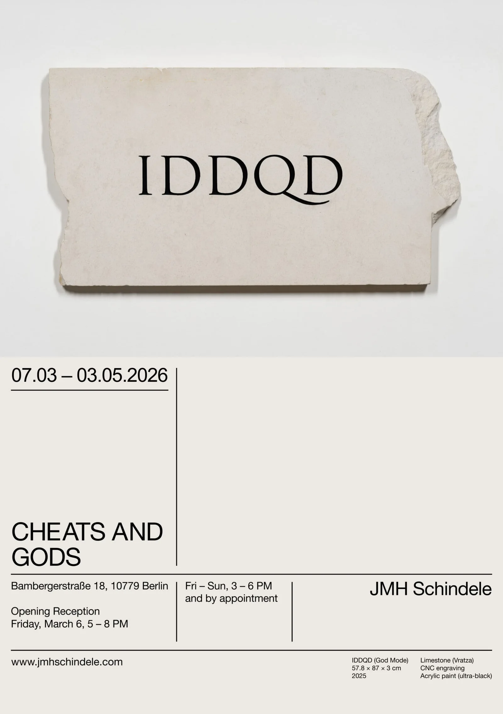 Einladung „Cheats and Gods“, JMH Schindele, 7. März bis 3. Mai 2026, Bamberger Straße 18, Berlin, mit einer Marmortafel „IDDQD“, Design Masoud Morgan