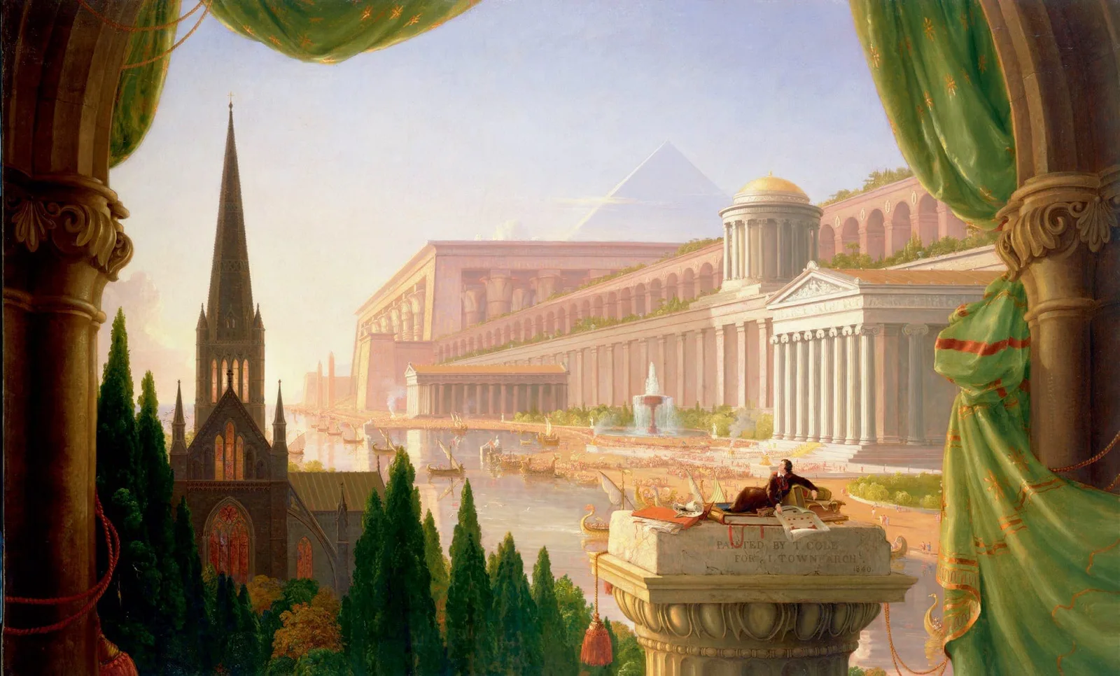 Thomas Cole, Der Traum des Architekten, 1840: Gemälde mit antiken Tempeln, einer Pyramide und einer gotischen Kirche, im Vordergrund ein Mann auf einer Säule