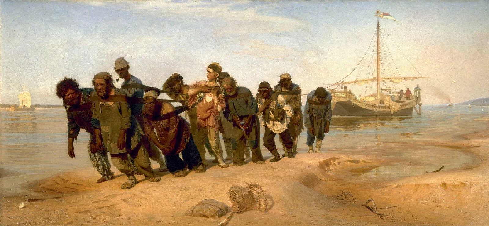 Ilja Repin, Die Wolgatreidler, 1872–1873: Gemälde einer Gruppe Männer, die ein Schiff am Flussufer ziehen