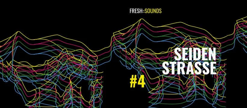 Banner „fresh::sounds Seidenstraße #4“ mit bunten Wellenlinien auf schwarzem Grund