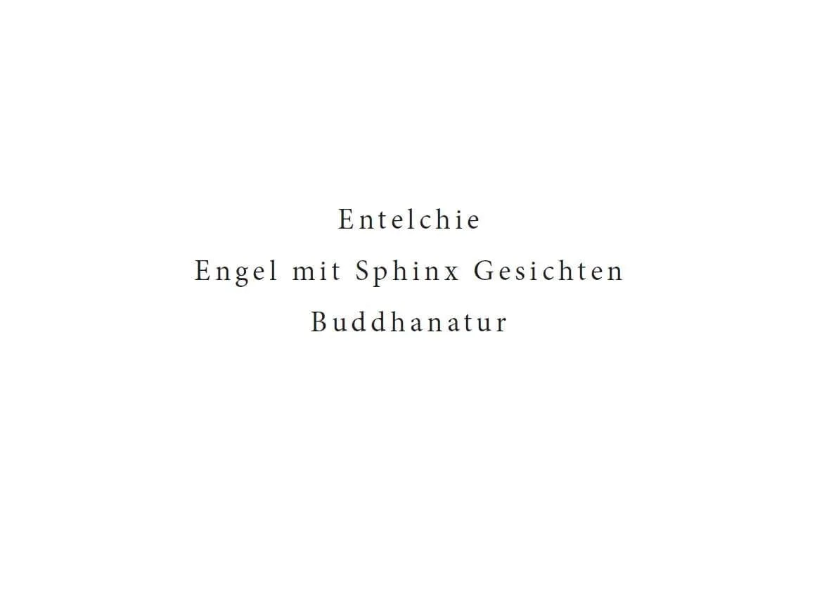 Xenien, Flyer Vorderseite: die Wörter „Entelechie, Engel mit Sphinx Gesichten, Buddhanatur“ auf Weiß