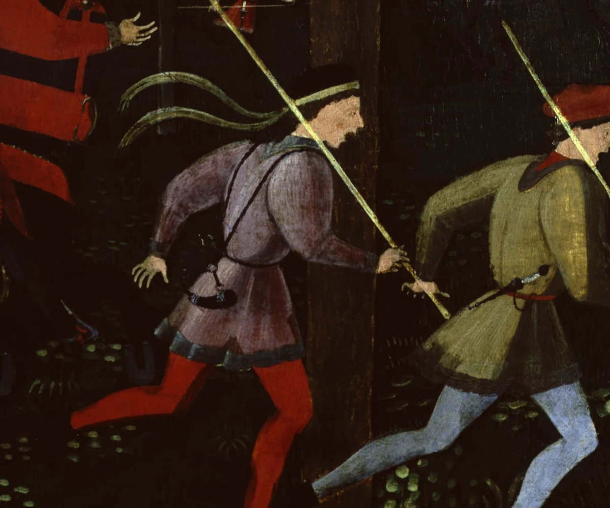Michal Martychowiec, heavenly coppice 4: Ausschnitt eines spätmittelalterlichen Gemäldes mit zwei Soldaten mit Lanzen in roten und blauen Strümpfen