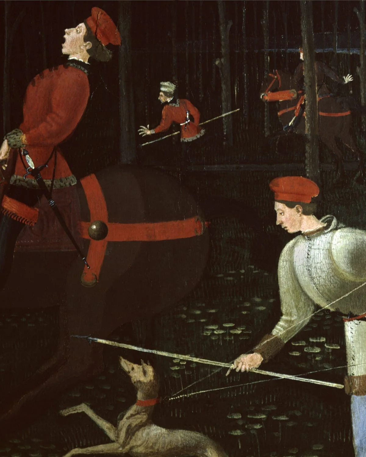 Michal Martychowiec, heavenly coppice 5: Ausschnitt eines spätmittelalterlichen Jagdgemäldes mit Reitern in Rot und einem Jäger mit Lanze