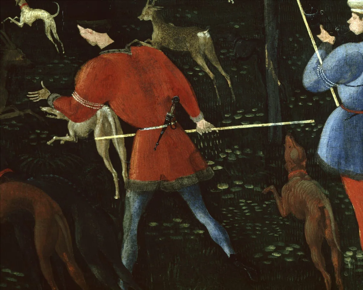 Michal Martychowiec, heavenly coppice 6: Ausschnitt eines Jagdgemäldes, Jäger in roter Tunika mit Hunden und Hirsch im dunklen Wald
