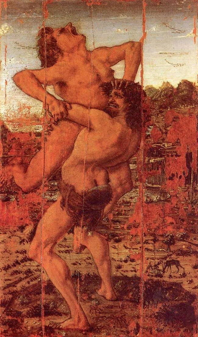 Antonio Pollaiuolo, Herkules und Antäus, um 1475: Gemälde zweier ringender nackter Männer in Rottönen