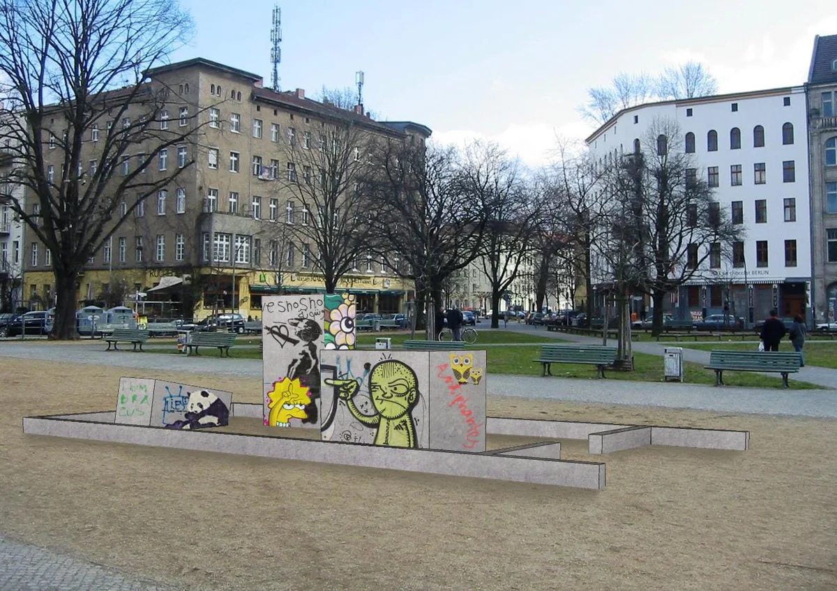 Michal Martychowiec, laocoon group city: bemalte Betonblöcke auf einem Stadtplatz vor Wohnhäusern und kahlen Bäumen